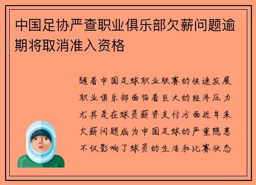 中国足协严查职业俱乐部欠薪问题逾期将取消准入资格 中国足协严查职业俱乐部欠薪问题逾期将取消准入资格